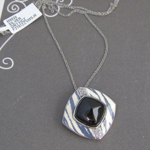 Sterling Silver Black Onxy Blue Cream Zebra Striped Pendant Chain Necklace